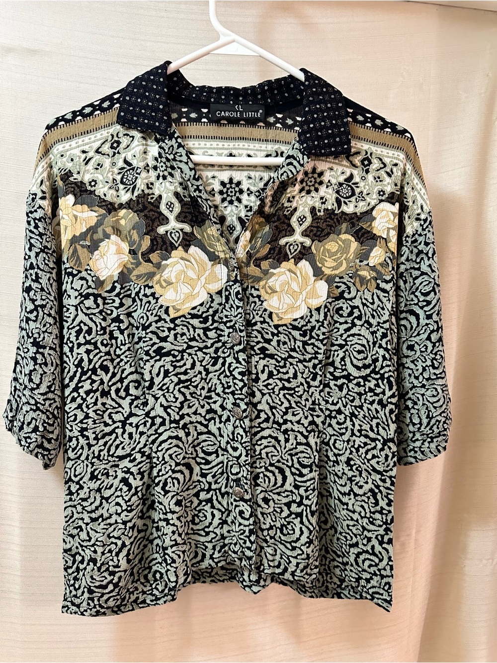 Vintage Carole Little Floral Tapestry Button Front Blouse Boho 90s Size L